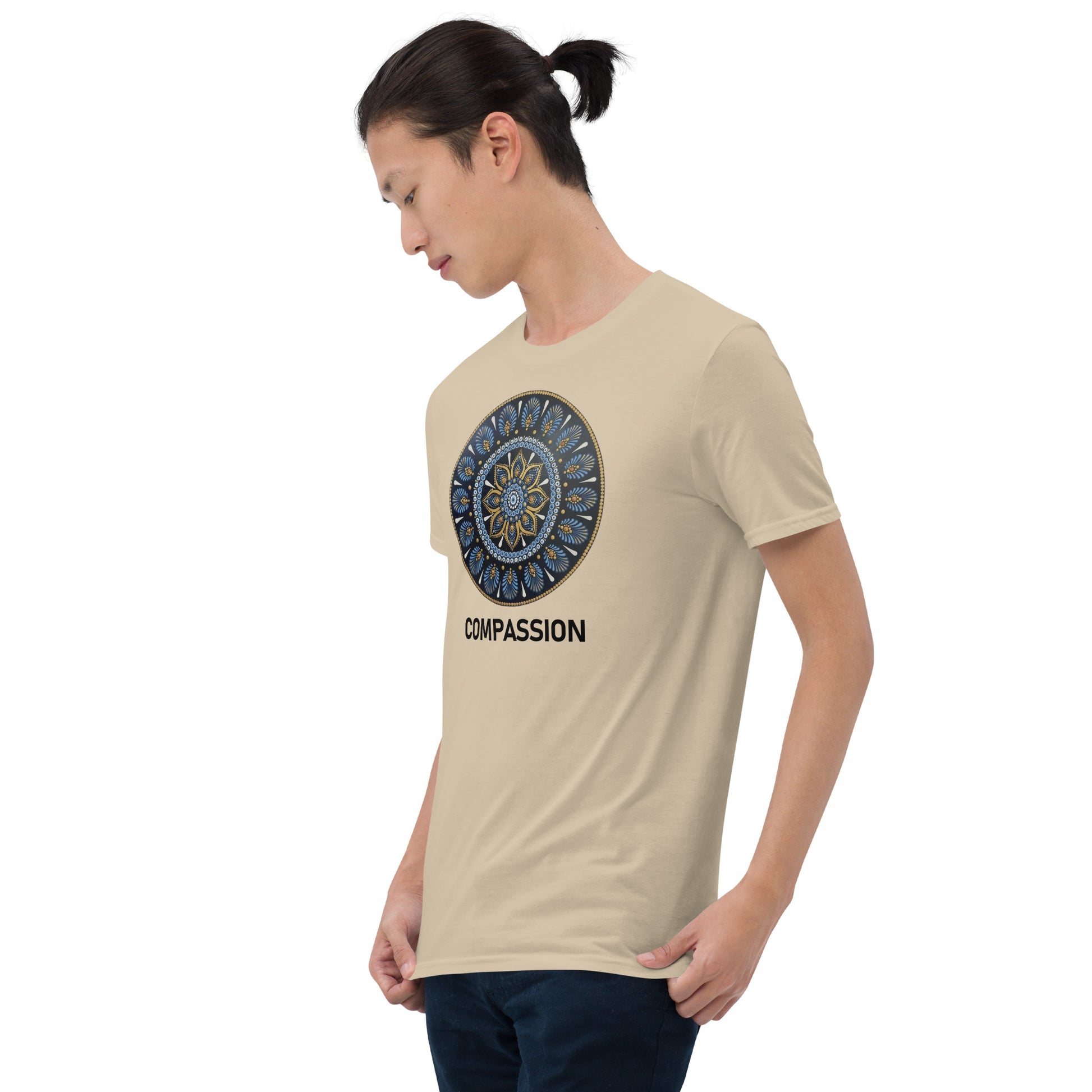 Unisex Softstyle T-Shirt (mandala with gold rim | on front | COMPASSION in black lettering)