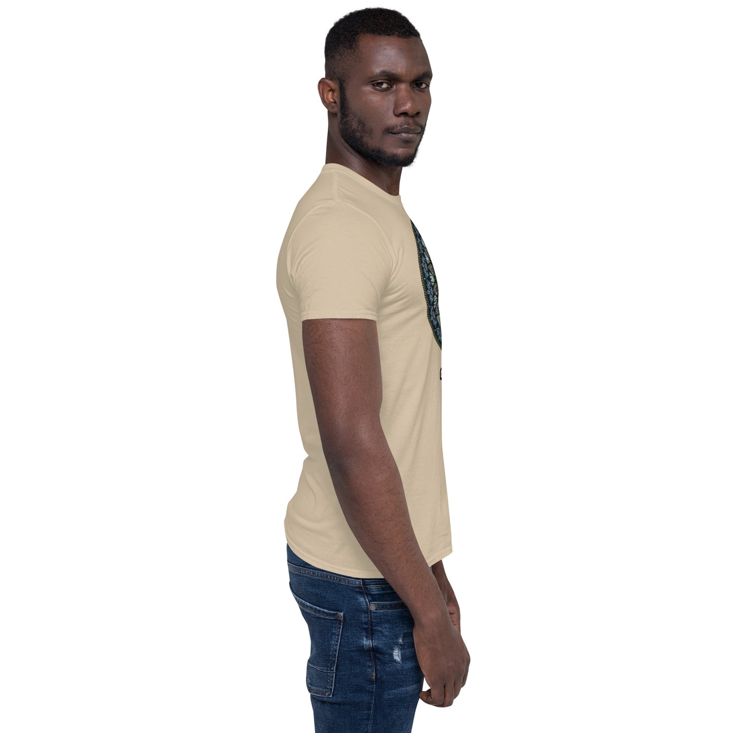 Unisex Softstyle T-Shirt (mandala green and gold rim | on front | GRATITUDE in black lettering)