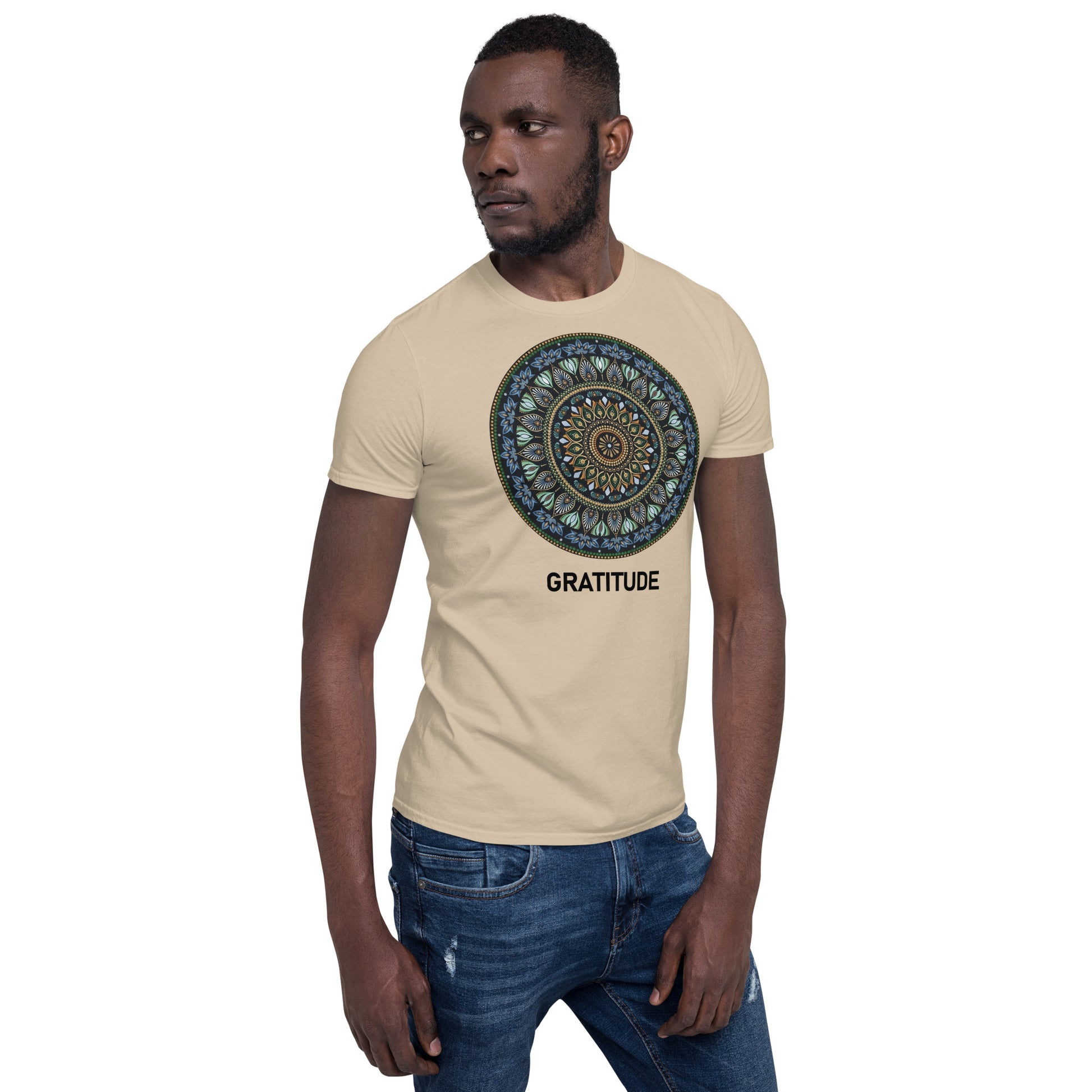 Unisex Softstyle T-Shirt (mandala green and gold rim | on front | GRATITUDE in black lettering)