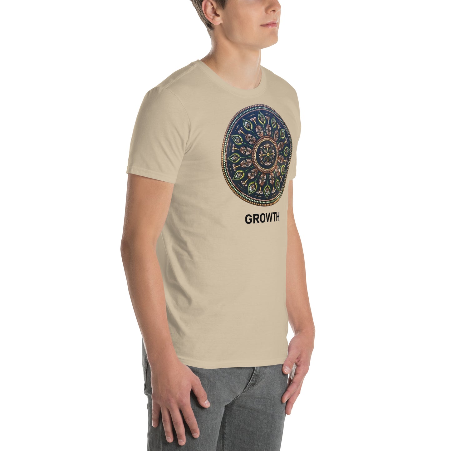 Unisex Softstyle T-Shirt (mandala with cross in the core | on front | GROWTH in black lettering)