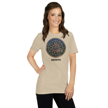 Unisex Softstyle T-Shirt (mandala with cross in the core | on front | GROWTH in black lettering)