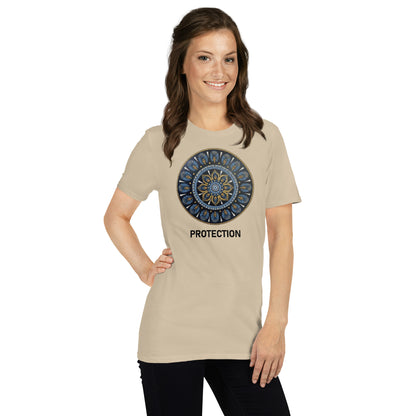 Unisex Softstyle T-Shirt (mandala with gold outer rim | on front | PROTECTION in black lettering)