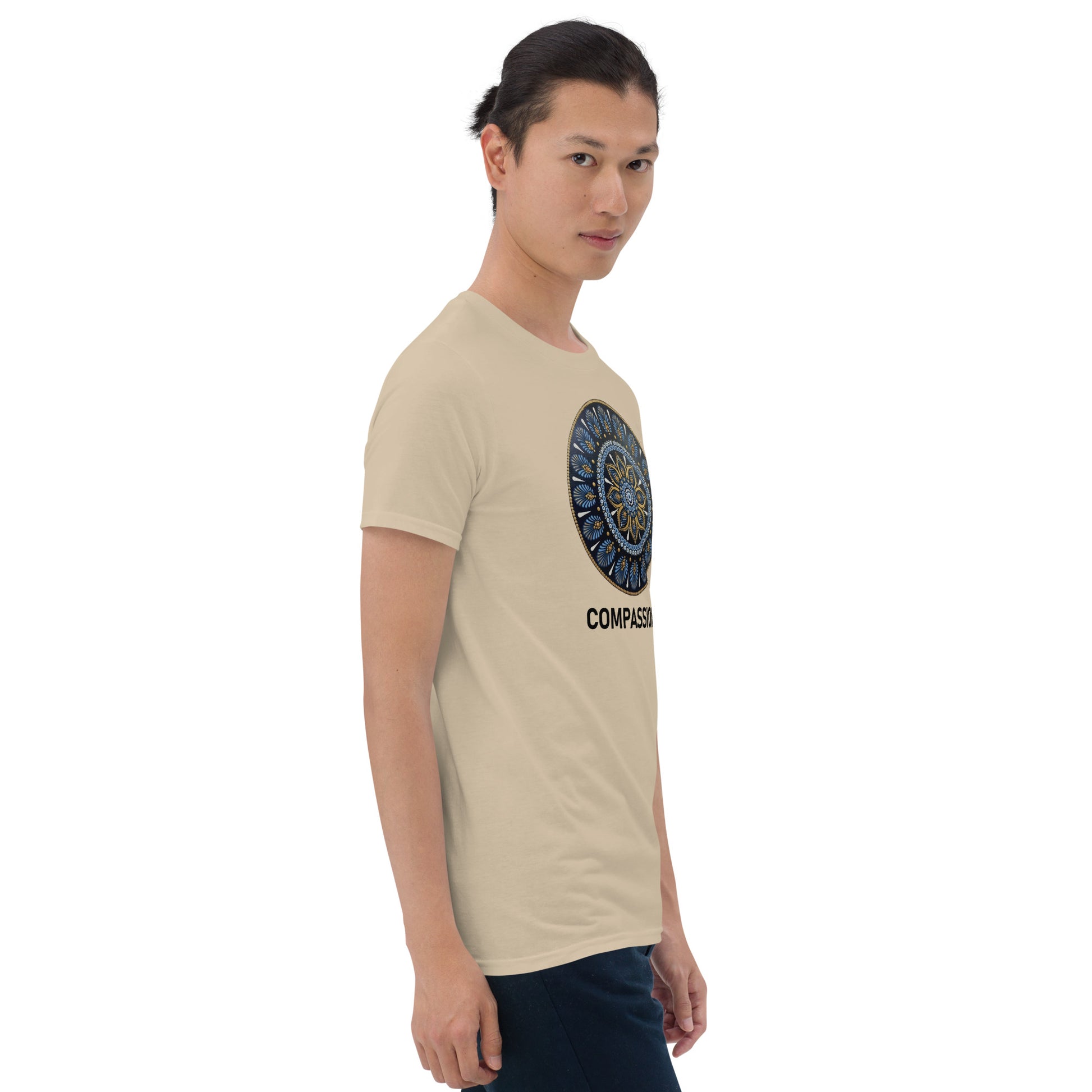 Unisex Softstyle T-Shirt (mandala with gold rim | on front | COMPASSION in black lettering)