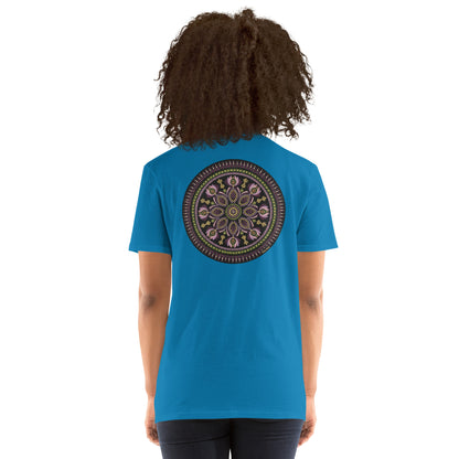Unisex Softstyle T-Shirt (mandala with magenta rim on back | KINDNESS in black lettering on front)