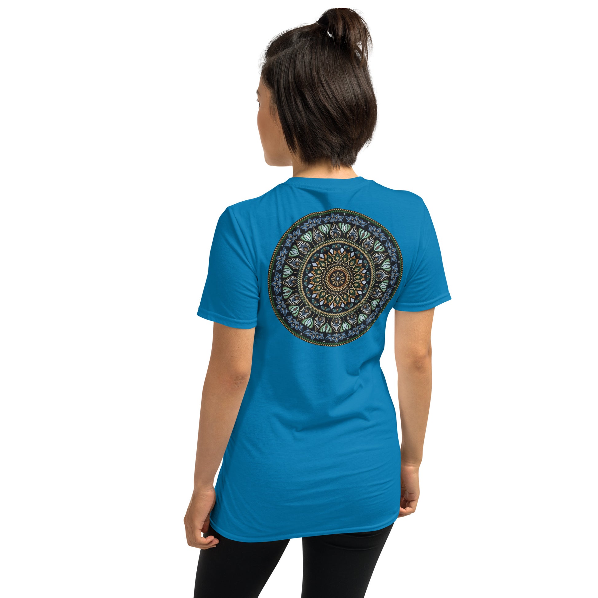 Unisex Softstyle T-Shirt (mandala green and gold rim on back | GRATITUDE in black lettering on front)