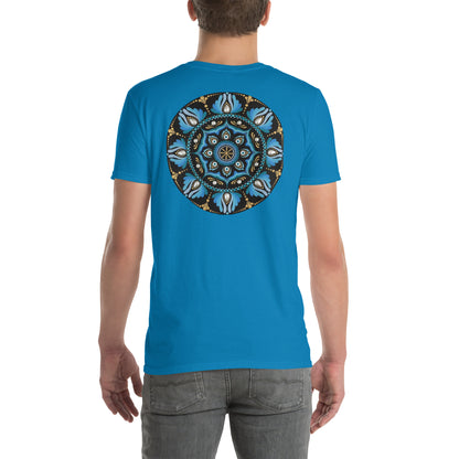Unisex Softstyle T-Shirt (mandala with spokes in core on back | WISDOM in black lettering on front)
