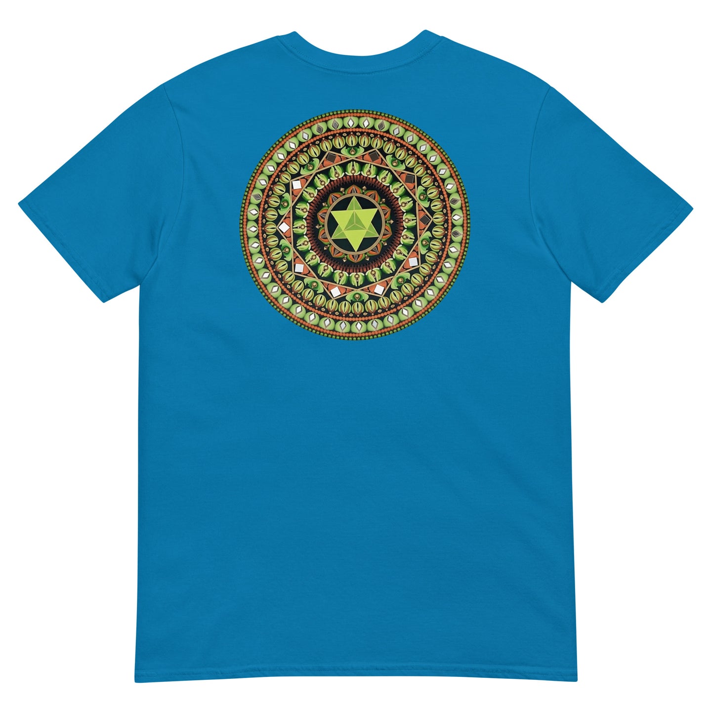 Unisex Softstyle T-Shirt (mandala with green star on back | HARMONY in black lettering on front)