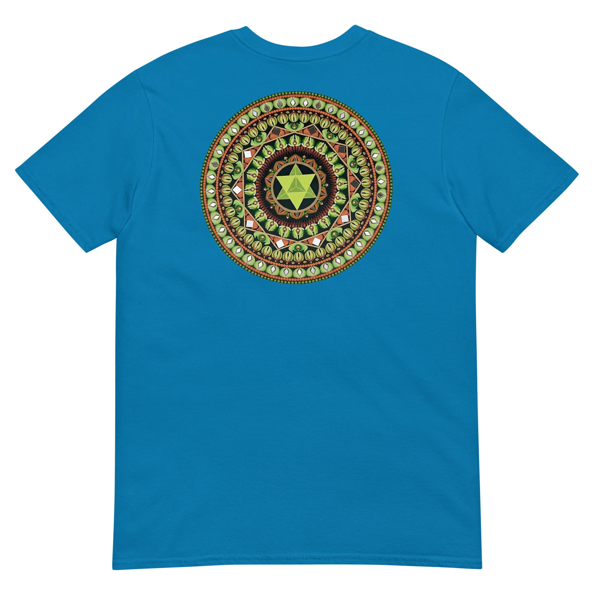 Unisex Softstyle T-Shirt (mandala with green star on back | HARMONY in black lettering on front)