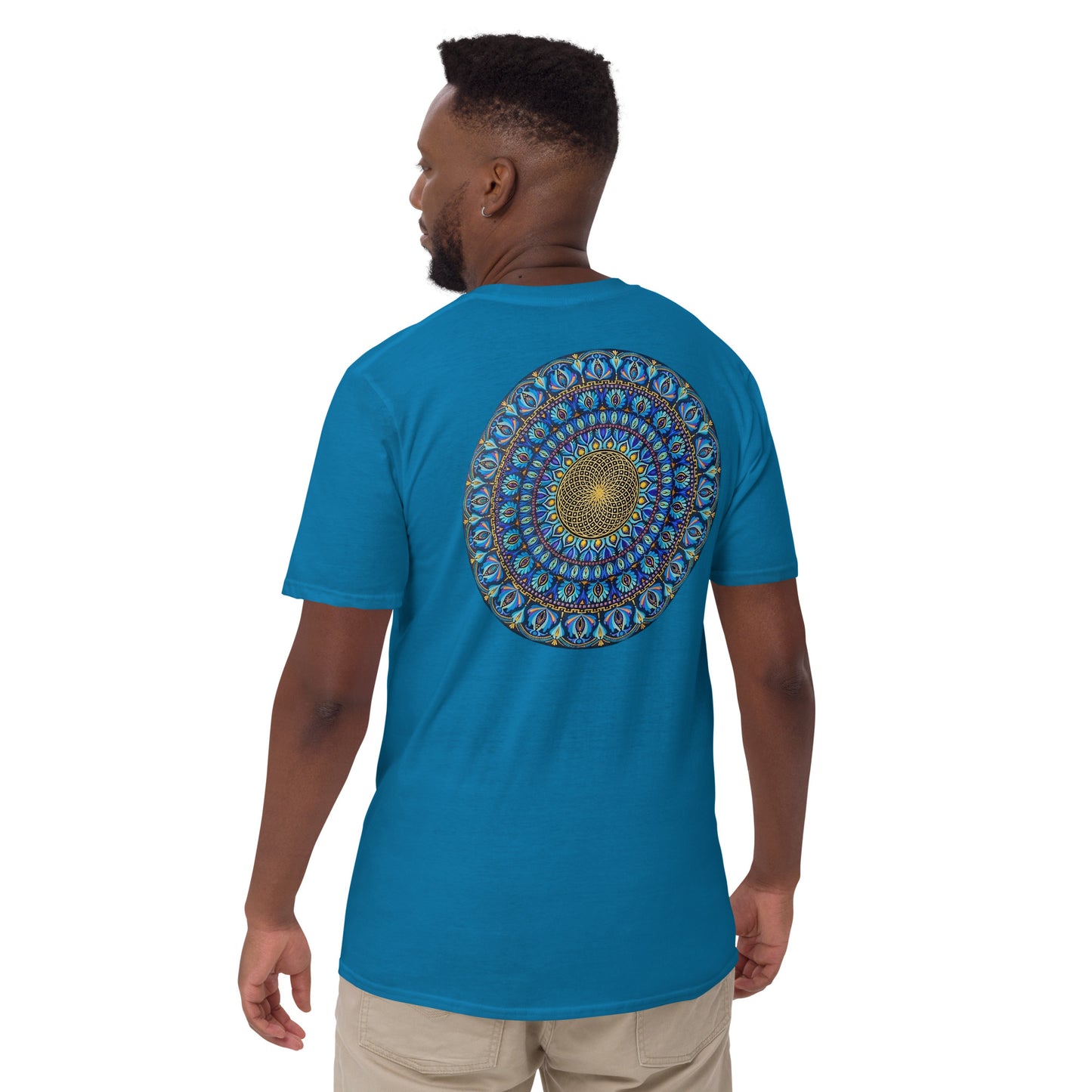 Unisex Softstyle T-Shirt (mandala with golden core on back | FLOW in black lettering on front)