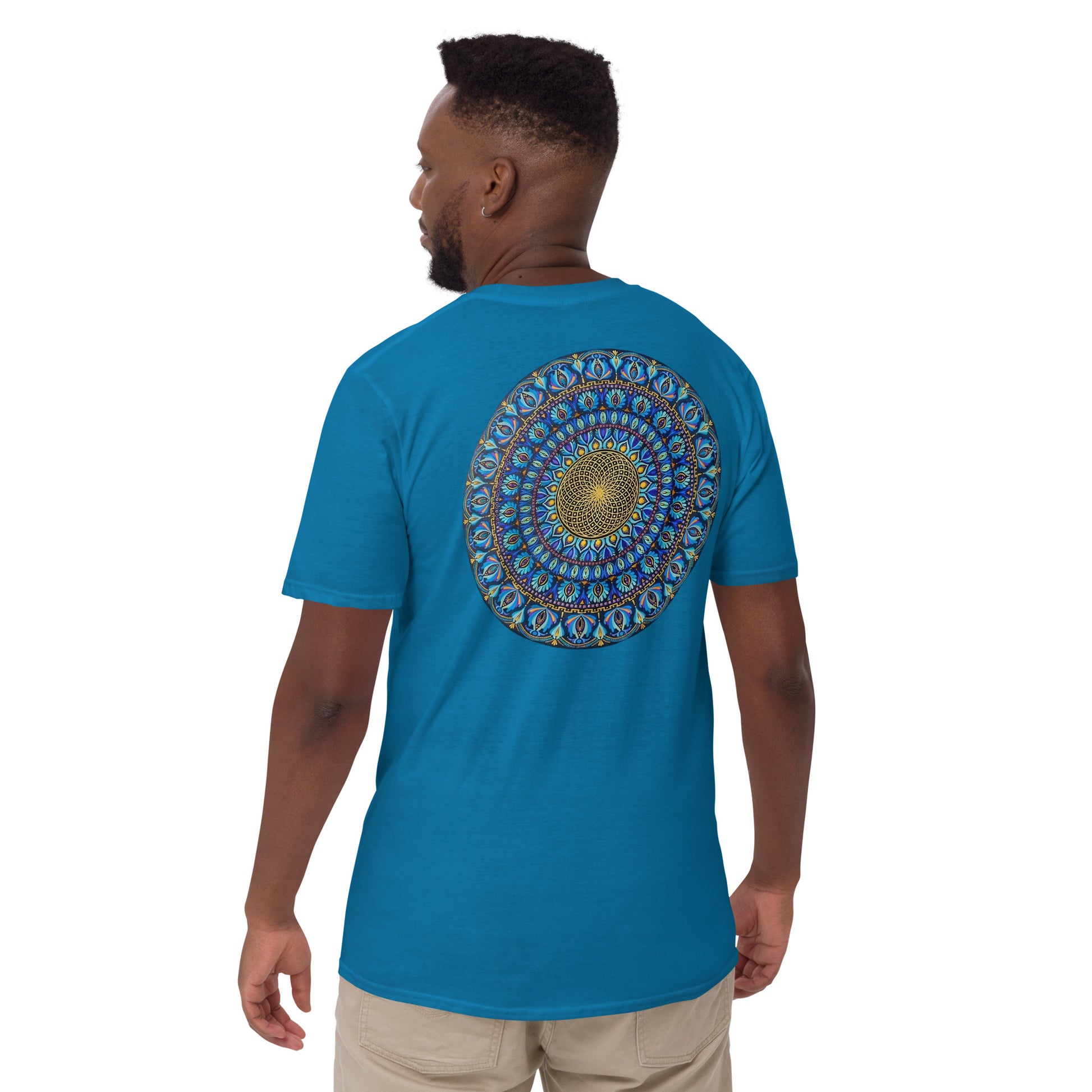 Unisex Softstyle T-Shirt (mandala with golden core on back | FLOW in black lettering on front)