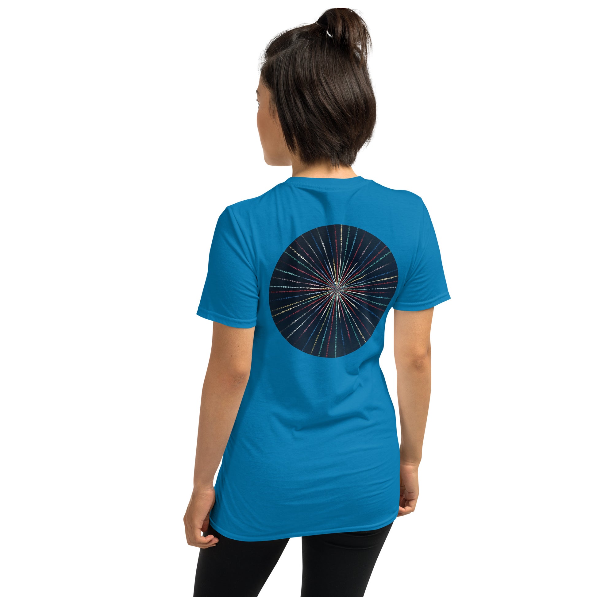 Unisex Softstyle T-Shirt (mandala with streams of light on back | EXPANSION in black lettering on front)