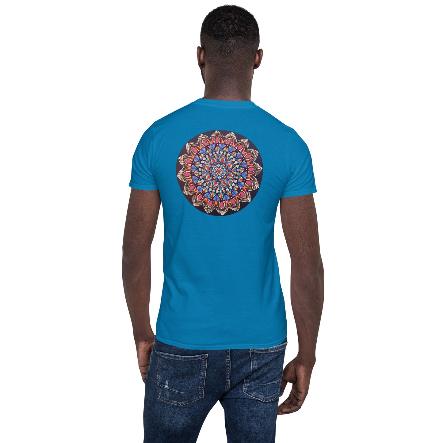 Unisex Softstyle T-Shirt (mandala with pink petals on back | VITALITY in black lettering on front)