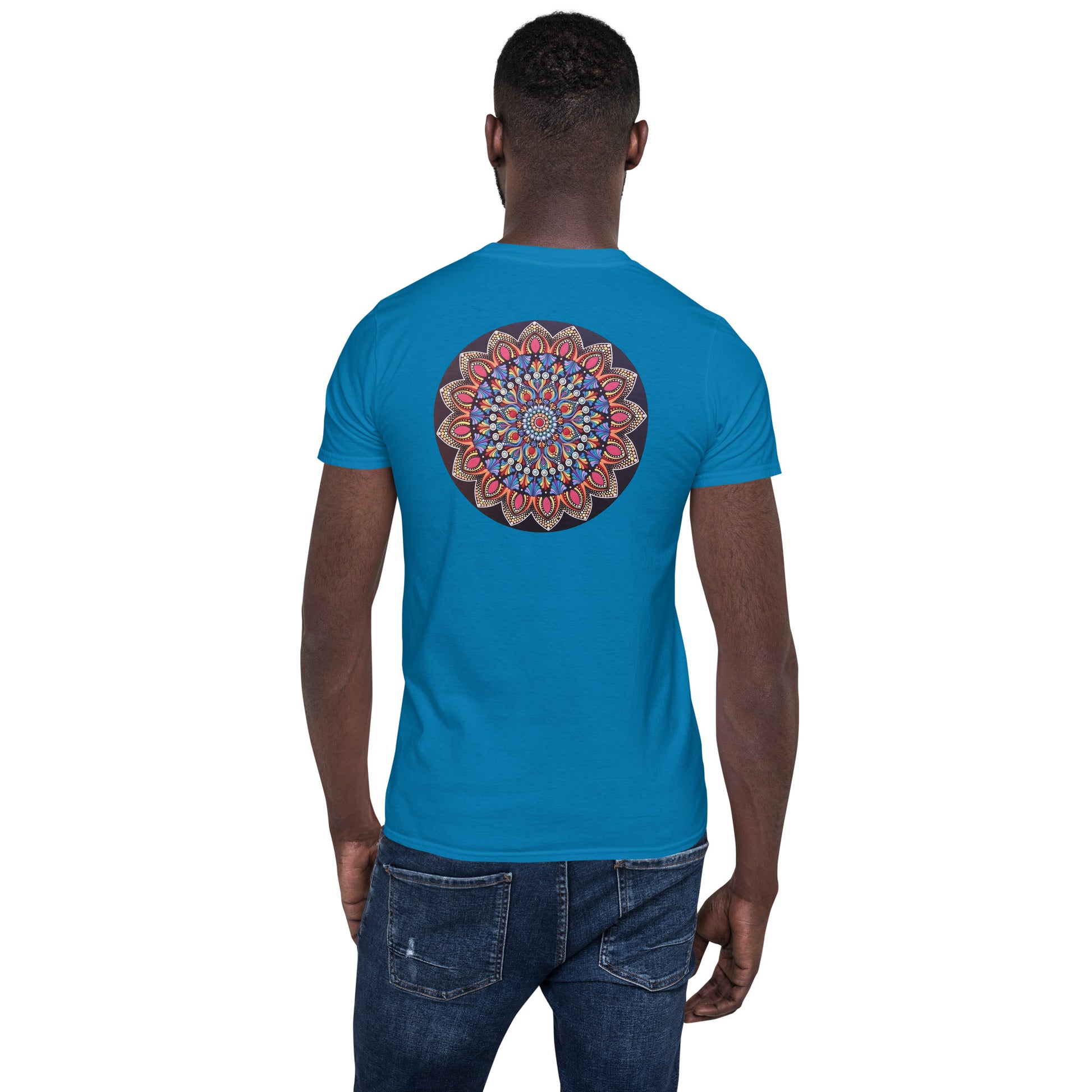 Unisex Softstyle T-Shirt (mandala with pink petals on back | VITALITY in black lettering on front)