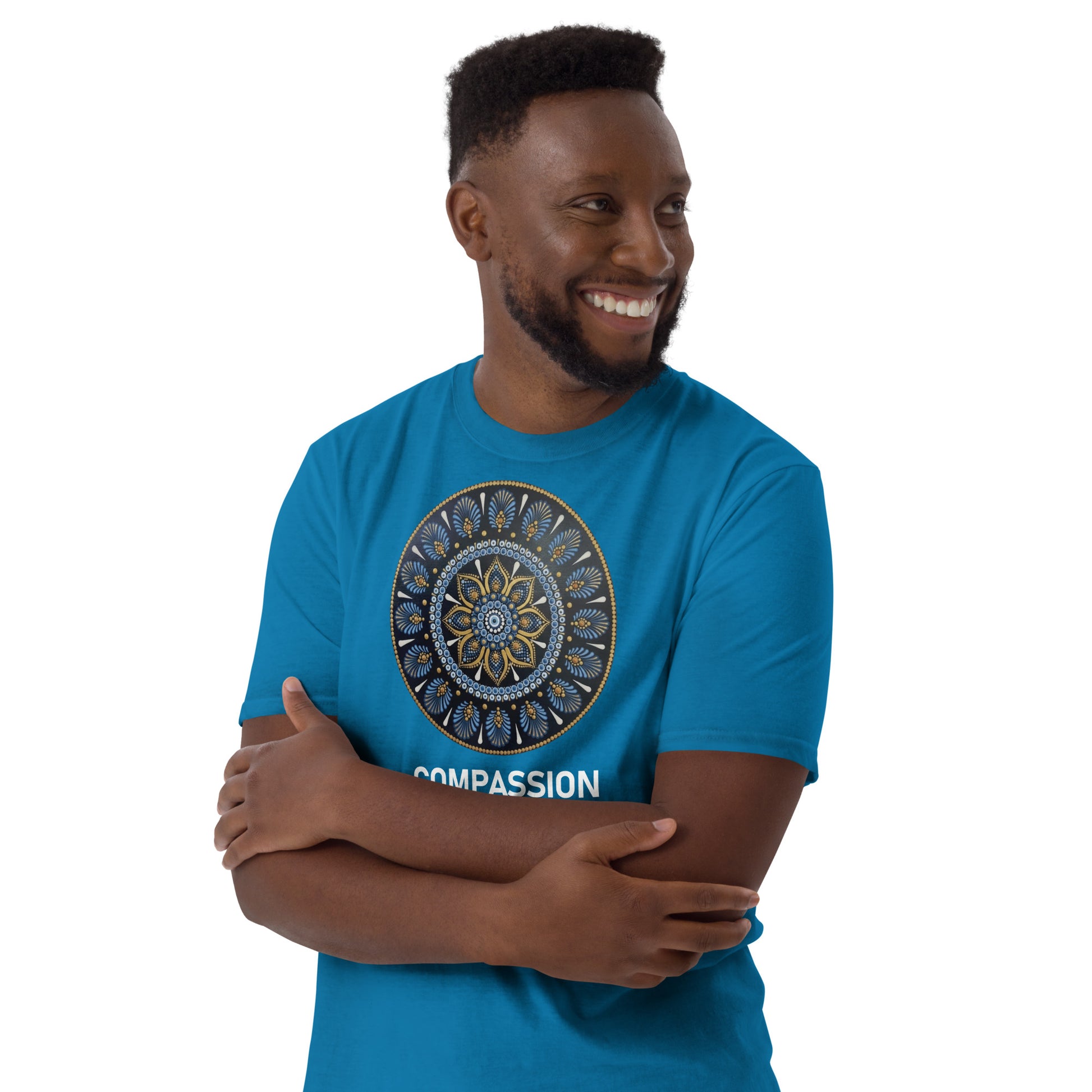 Unisex Softstyle T-Shirt (mandala with gold rim | on front | COMPASSION in white lettering)