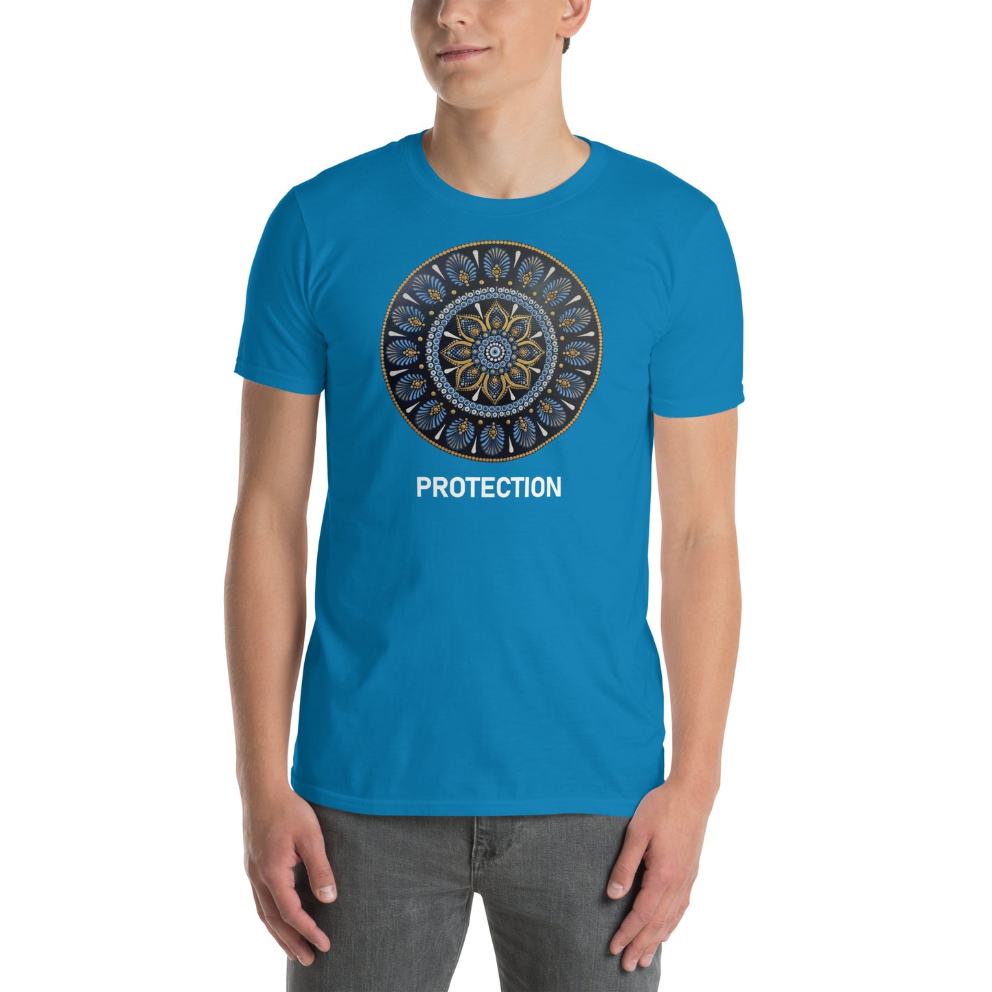 Unisex Softstyle T-Shirt (mandala with gold rim on front | PROTECTION in white lettering)