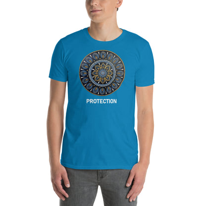 Unisex Softstyle T-Shirt (mandala with gold rim on front | PROTECTION in white lettering)