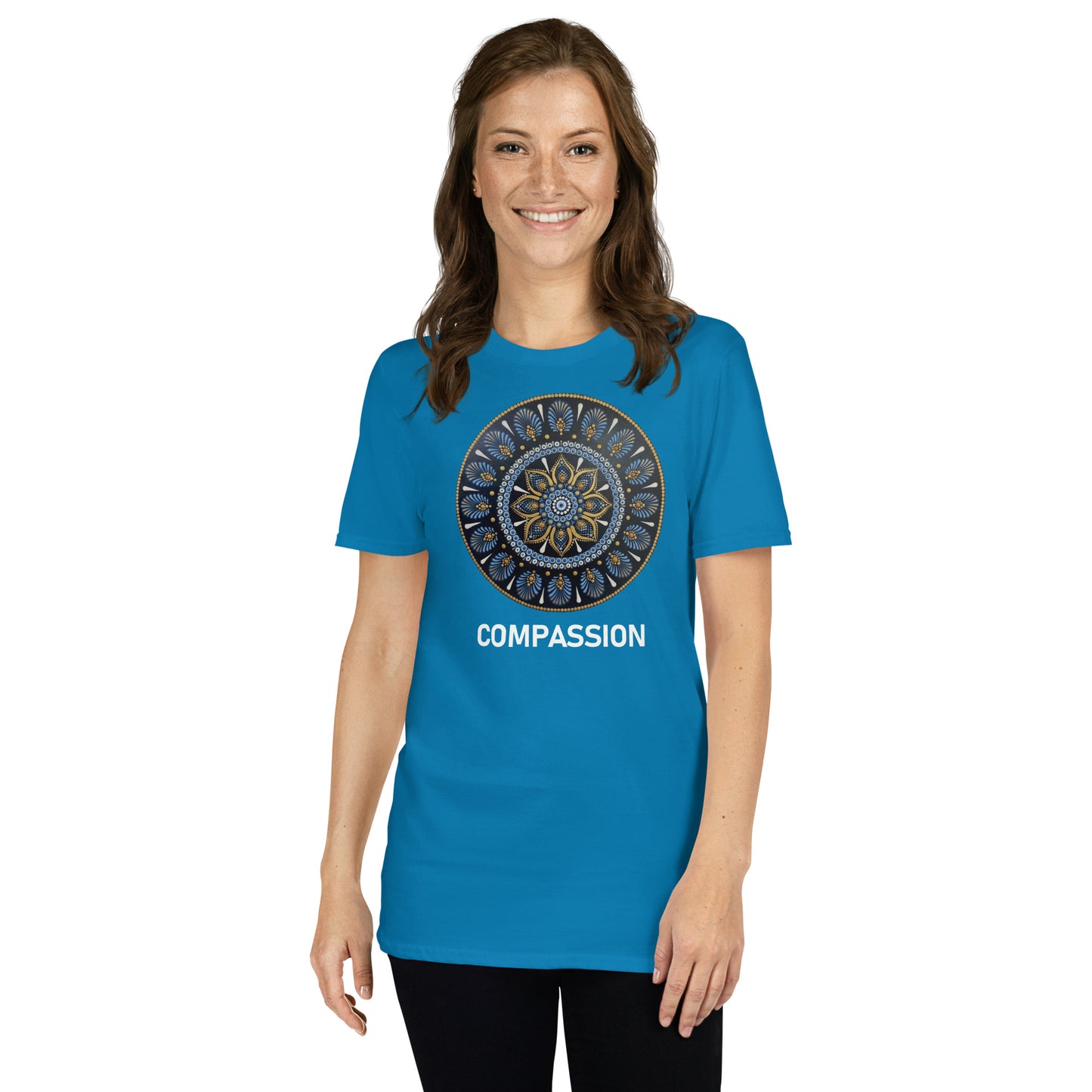 Unisex Softstyle T-Shirt (mandala with gold rim on front | COMPASSION in white lettering)
