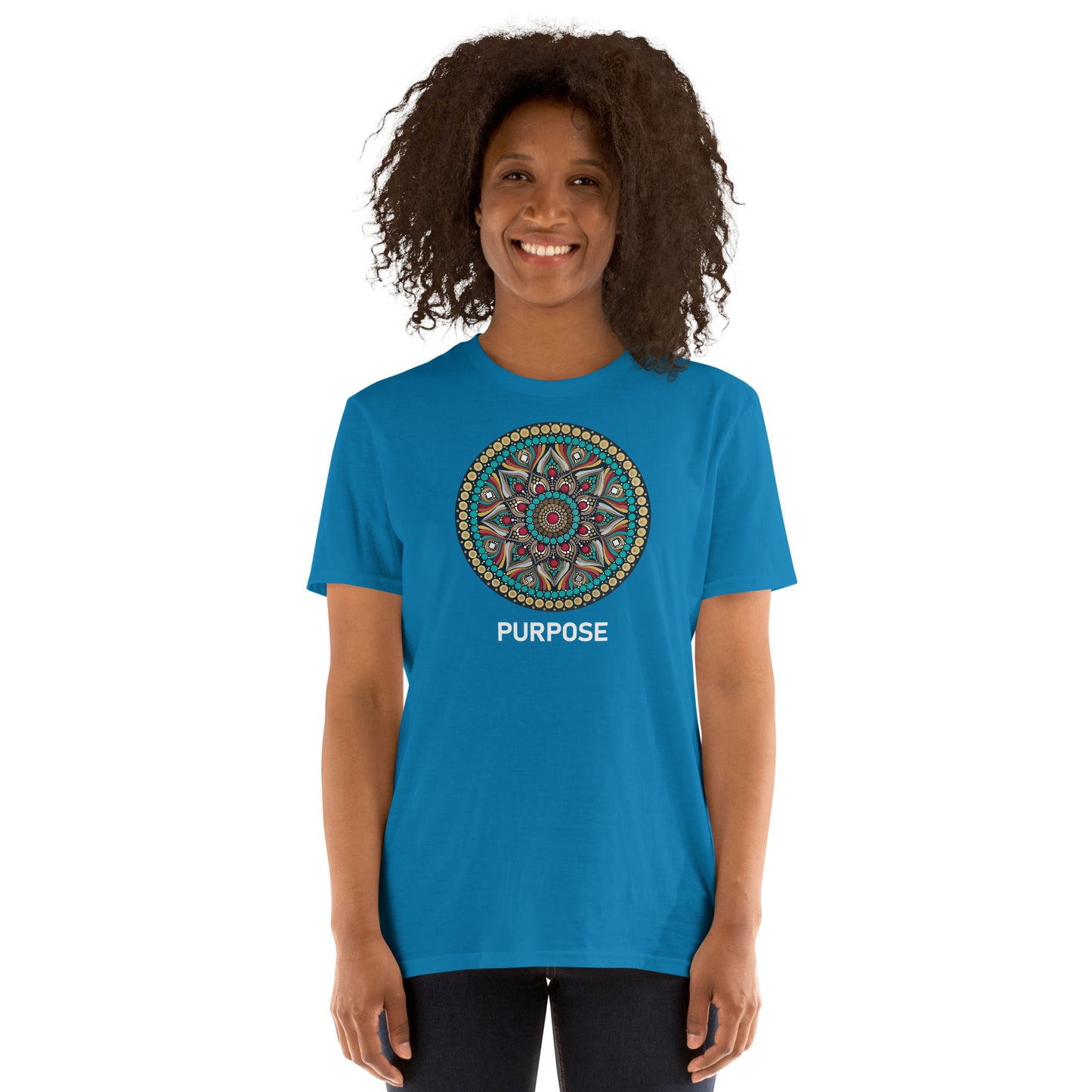 Unisex Softstyle T-Shirt (mandala with red core on front | PURPOSE in white lettering)