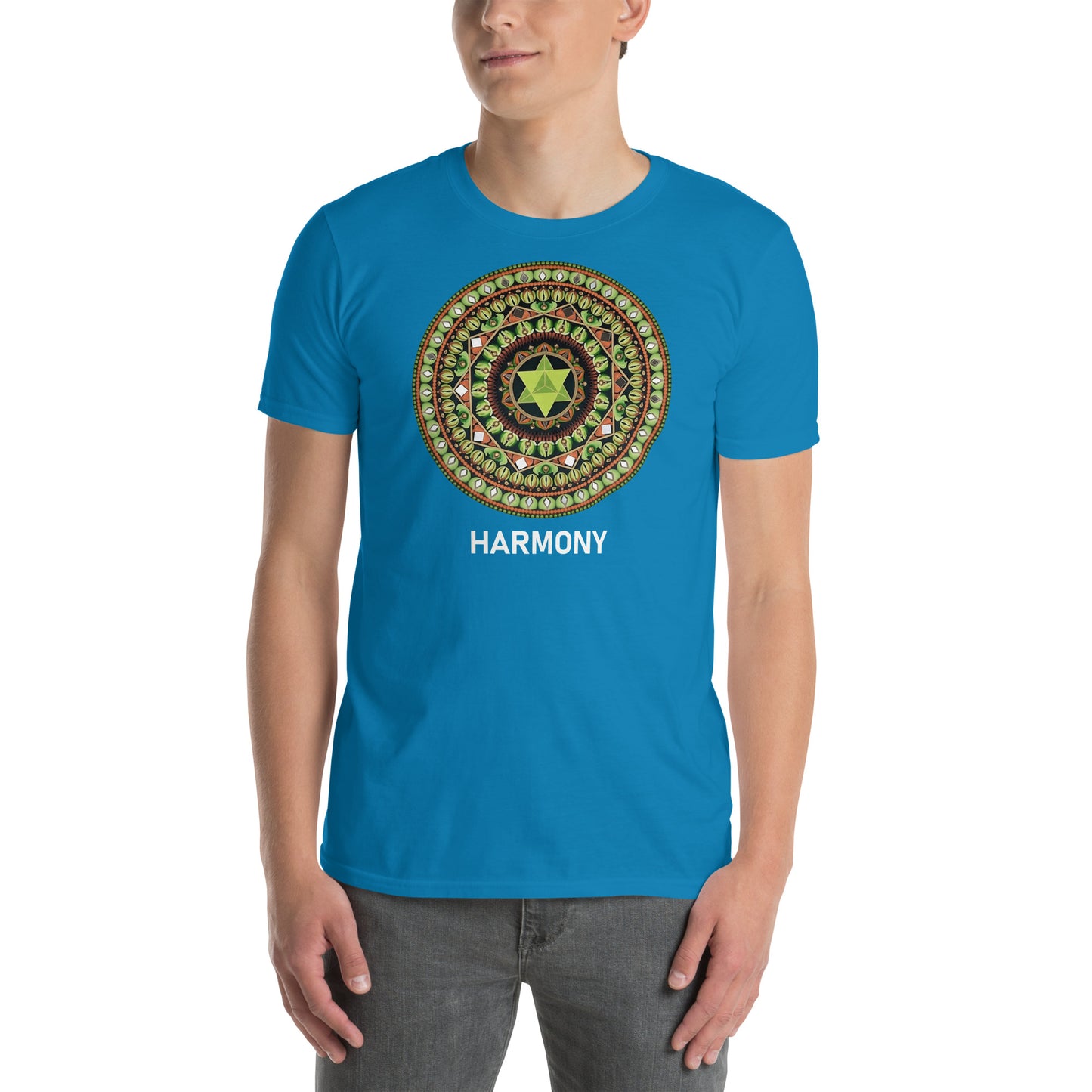 Unisex Softstyle T-Shirt (mandala with green star | on front | HARMONY in white lettering)