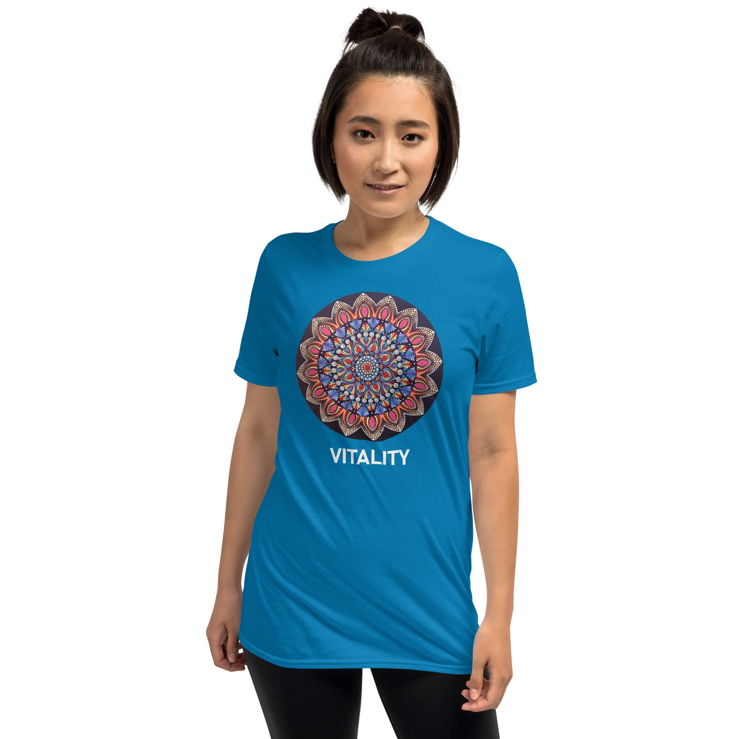 Unisex Softstyle T-Shirt (mandala with pink petals | on front | VITALITY in white lettering)