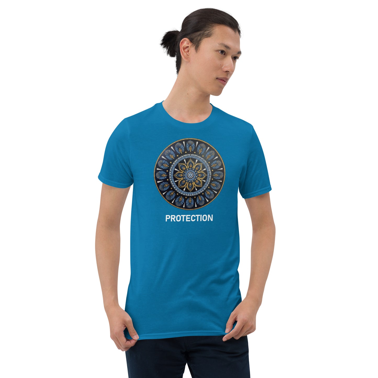 Unisex Softstyle T-Shirt (mandala with gold outer rim | on front | PROTECTION in white lettering)