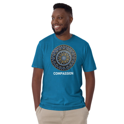 Unisex Softstyle T-Shirt (mandala with gold rim | on front | COMPASSION in white lettering)