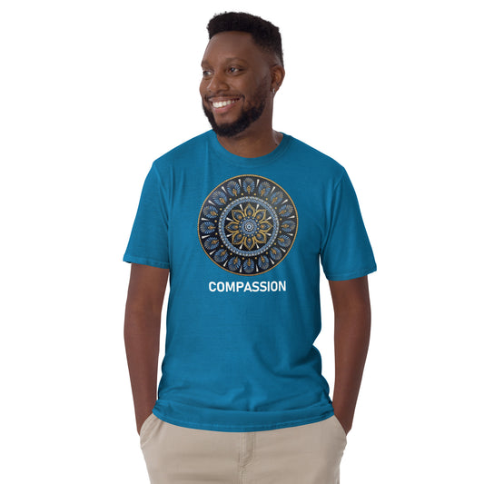 Unisex Softstyle T-Shirt (mandala with gold rim | on front | COMPASSION in white lettering)