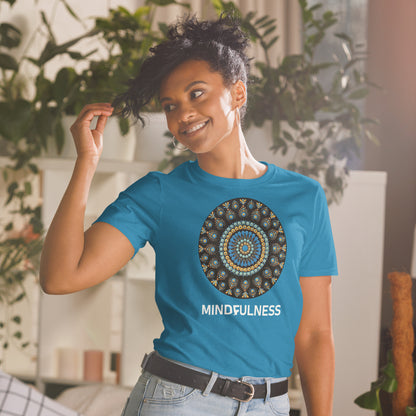 Unisex Softstyle T-Shirt (mandala with blue dots and black back | on front | MINDFULNESS in white lettering)