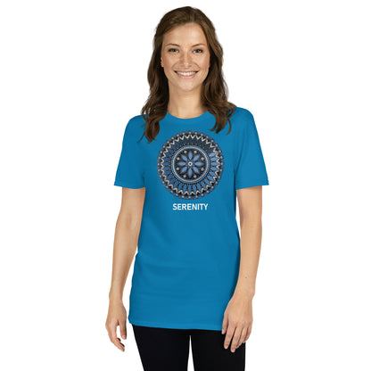Unisex Softstyle T-Shirt (mandala with blue and white core | on front | SERENITY in white lettering)