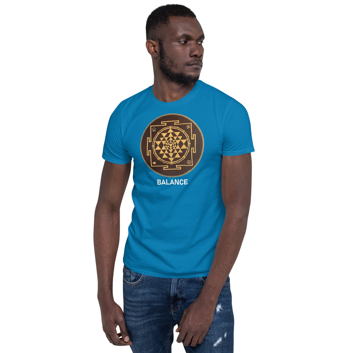 Unisex Softstyle T-Shirt (brown and gold mandala | on front | BALANCE in white lettering)