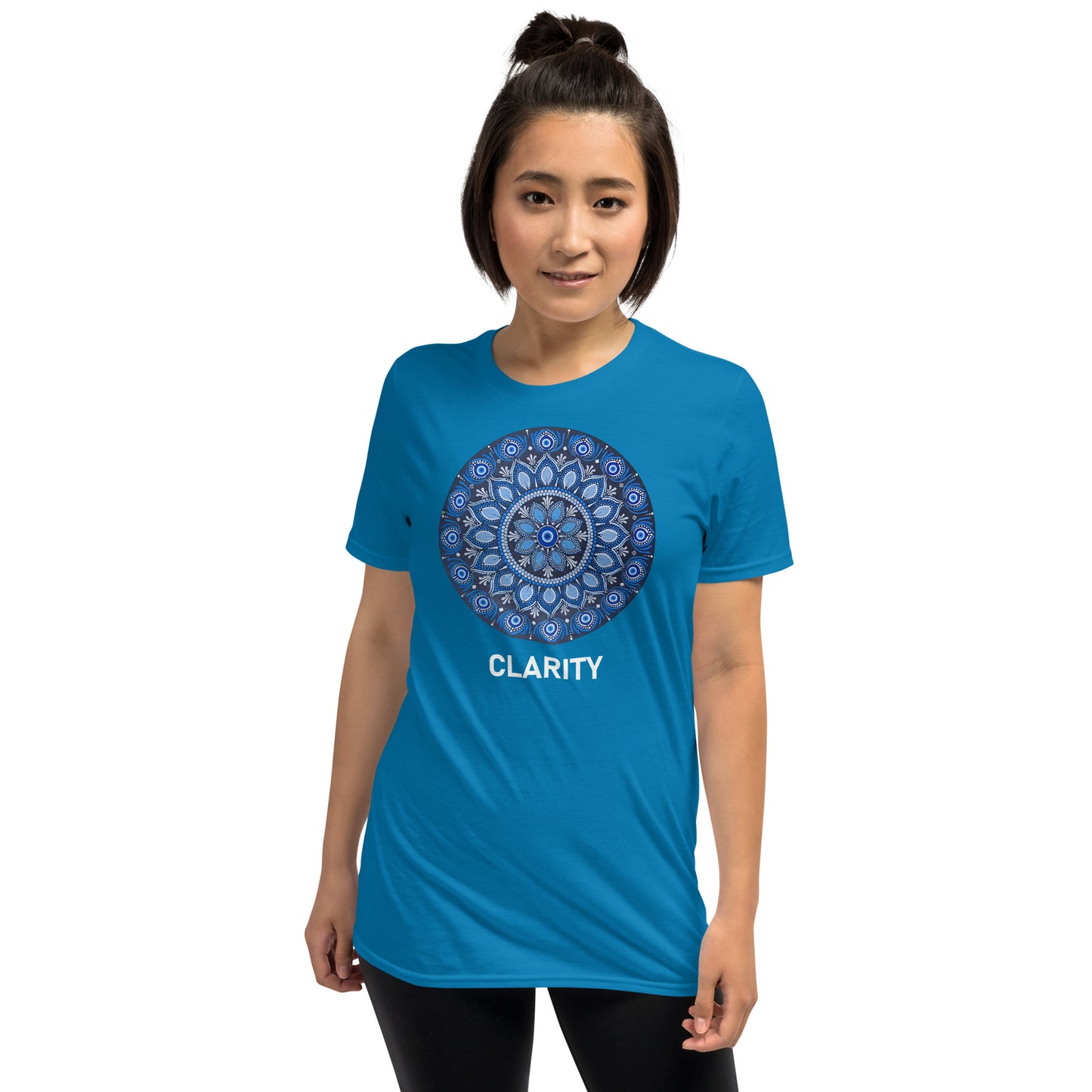 Unisex Softstyle T-Shirt (all blue mandala | on front | CLARITY in white lettering)