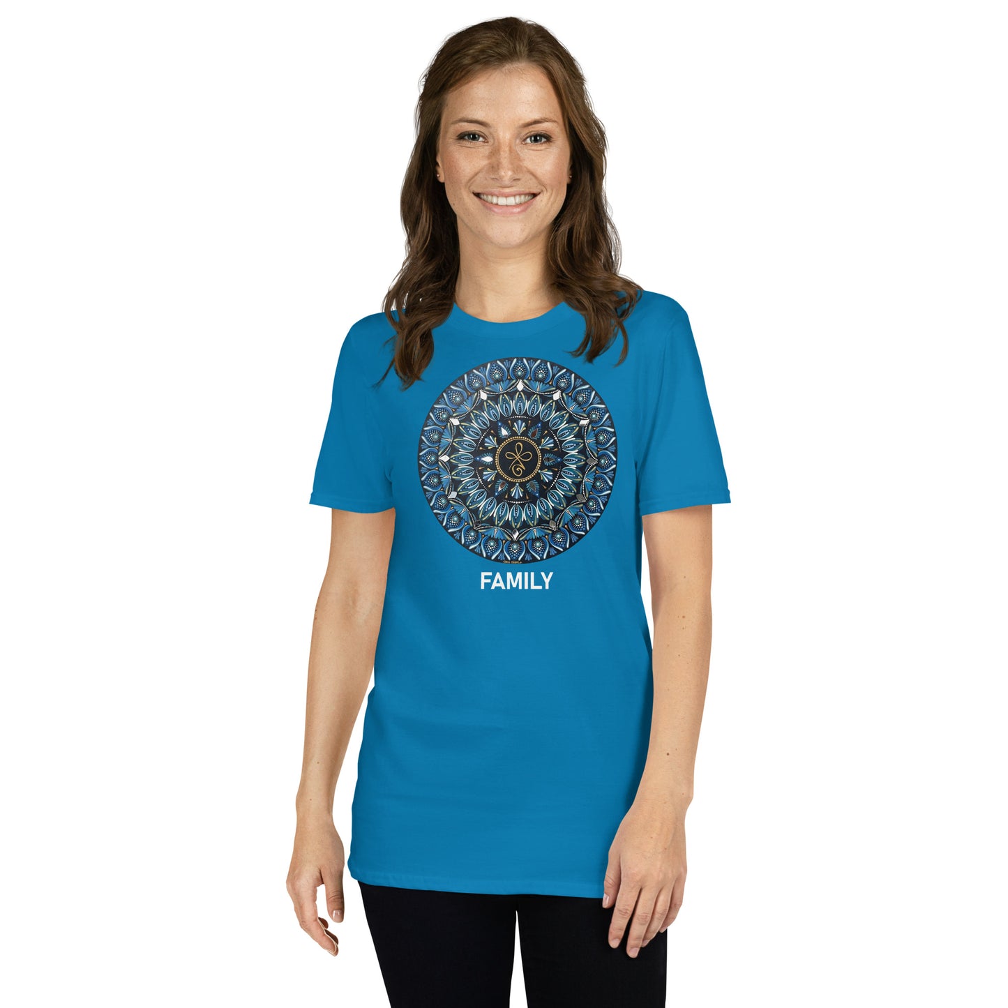 Unisex Softstyle T-Shirt (mandala with 3 loops in core | on front | FAMILY in white lettering)