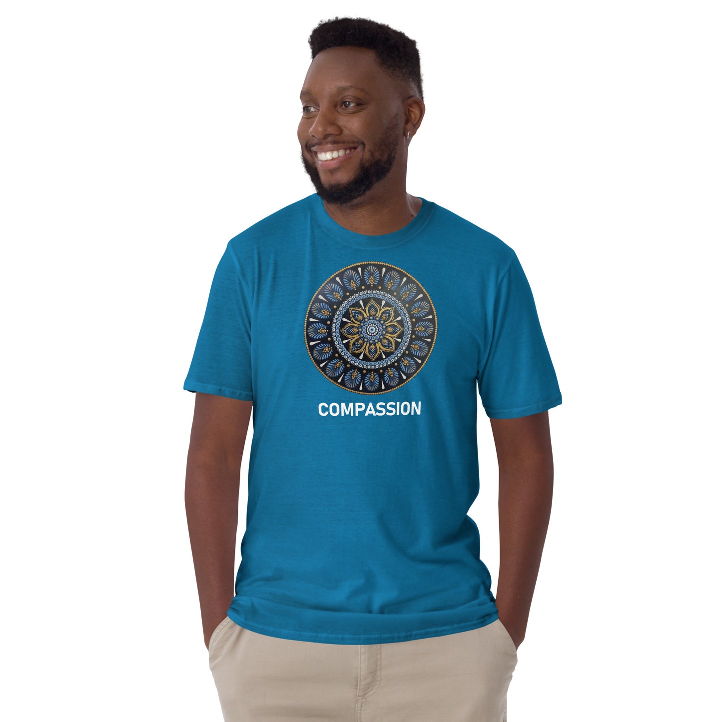 Unisex Softstyle T-Shirt (mandala with gold rim | on front | COMPASSION in white lettering)