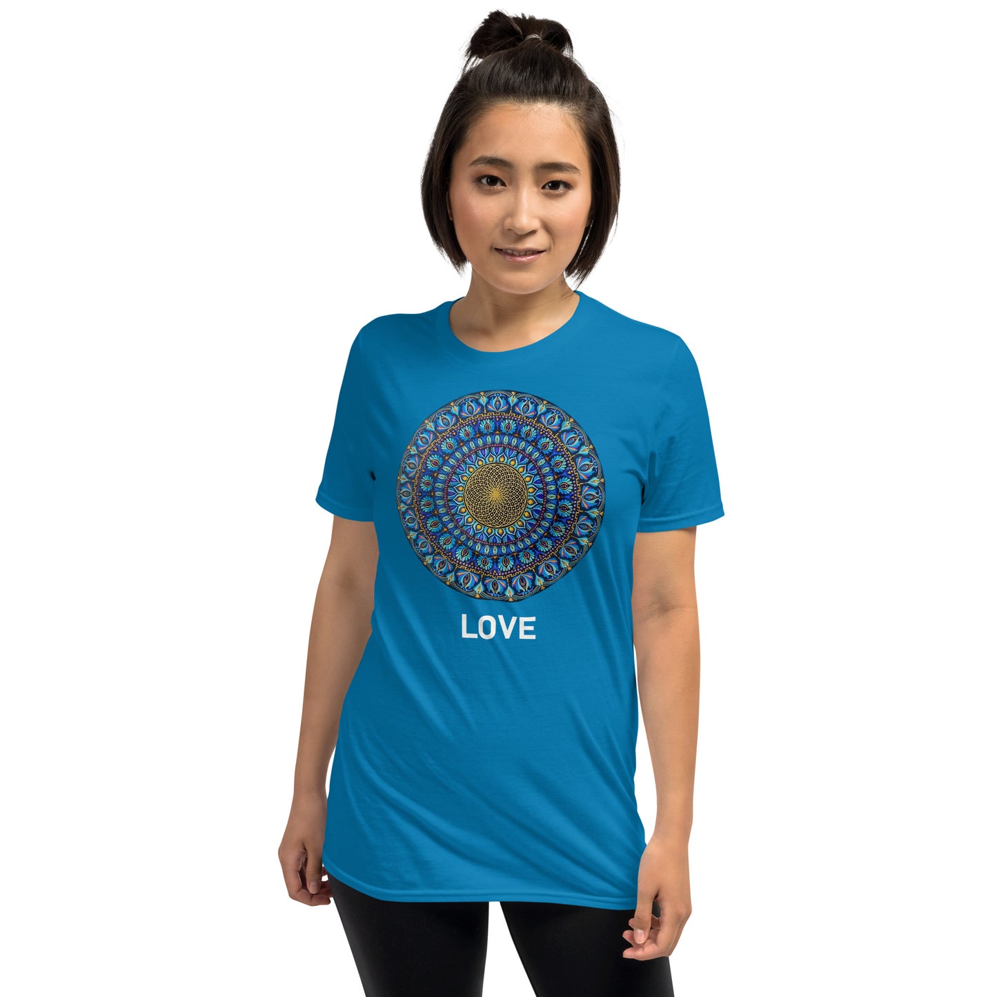 Unisex Softstyle T-Shirt (mandala with golden core | on front | LOVE in white lettering)