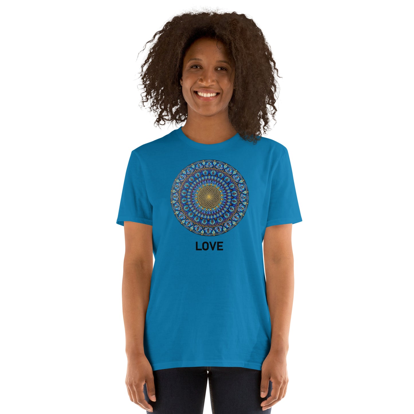 Unisex Softstyle T-Shirt (mandala with golden core | on front | LOVE in black lettering)