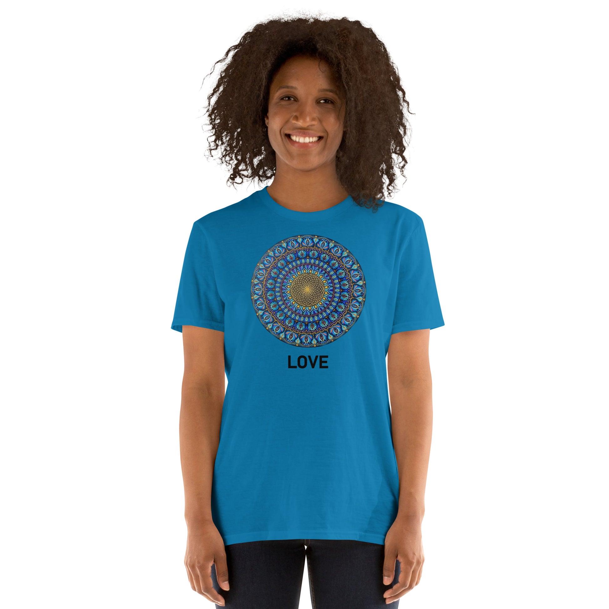 Unisex Softstyle T-Shirt (mandala with golden core | on front | LOVE in black lettering)