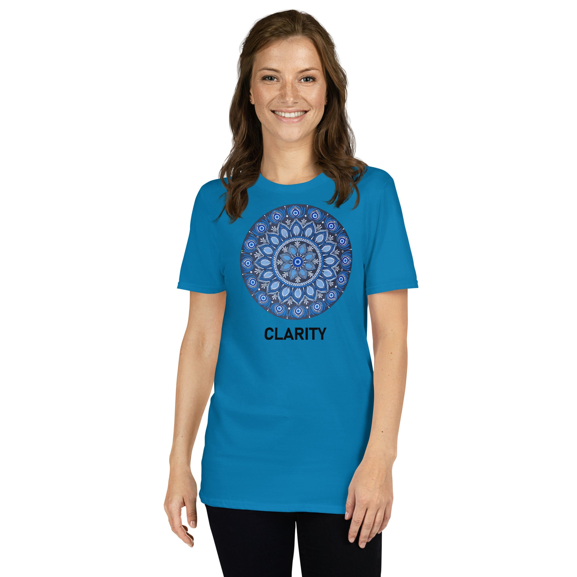 Unisex Softstyle T-Shirt (all blue mandala | on front | CLARITY in black lettering)