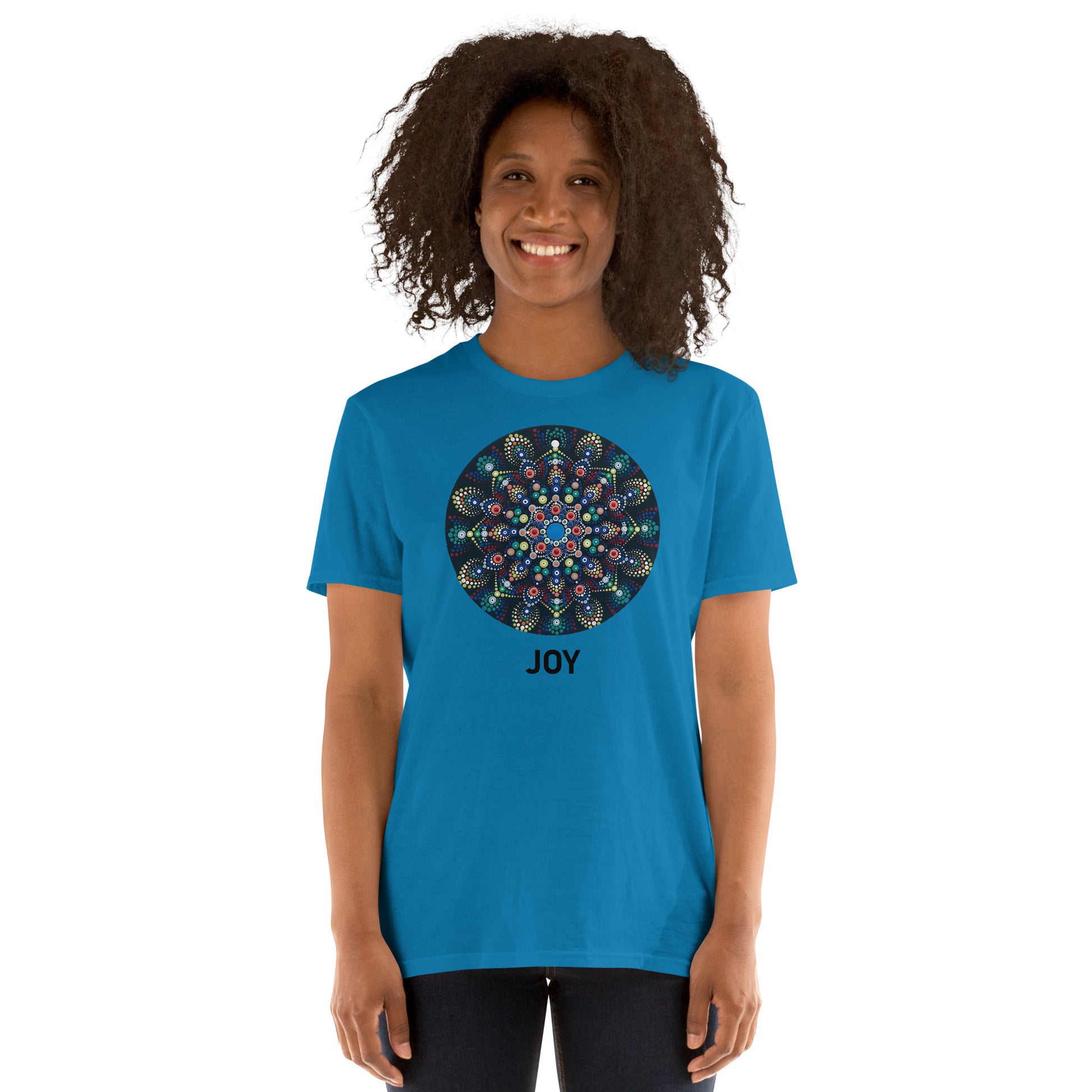 Unisex Softstyle T-Shirt (mandala with colorful dots | on front | JOY in black lettering)