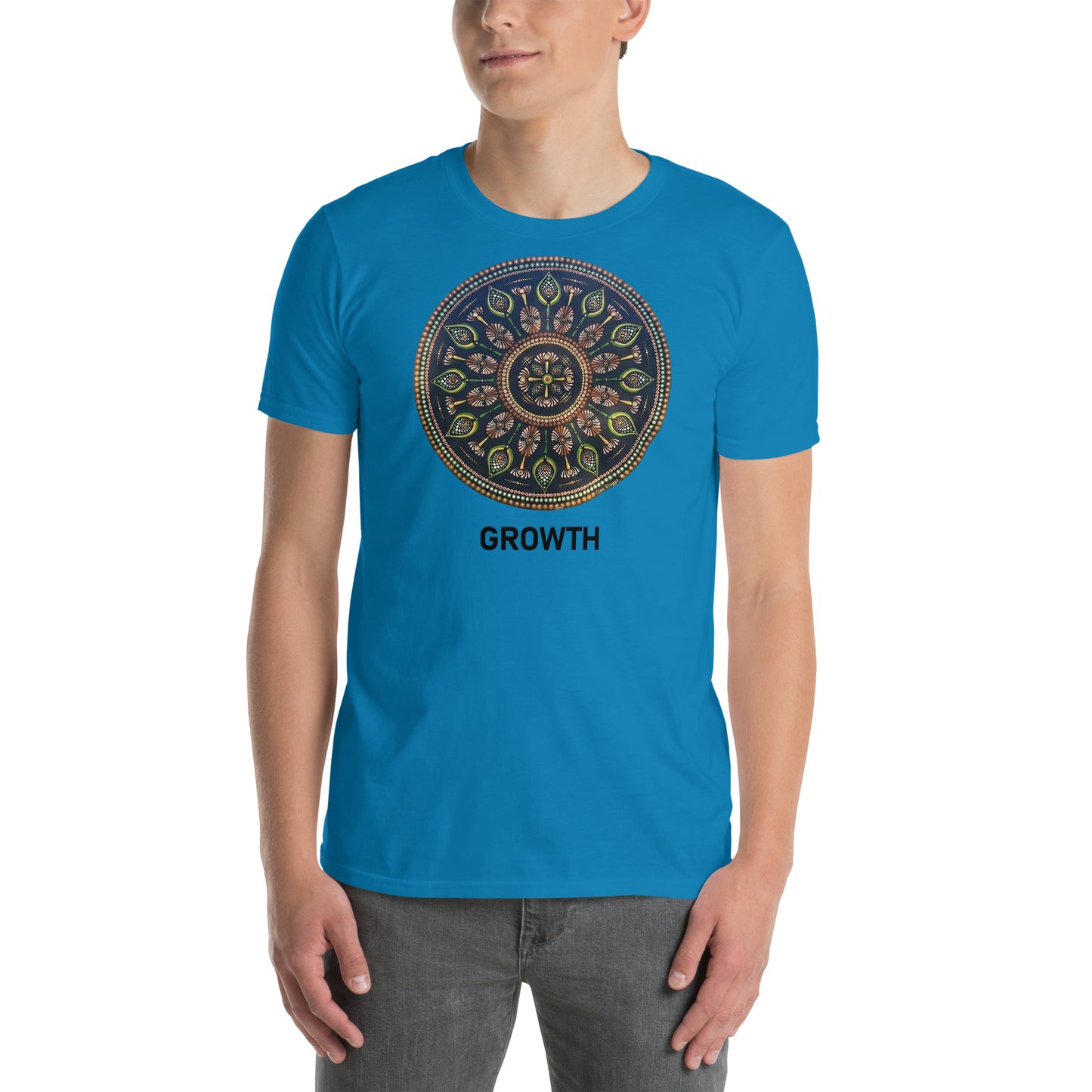 Unisex Softstyle T-Shirt (mandala with cross in the core | on front | GROWTH in black lettering)
