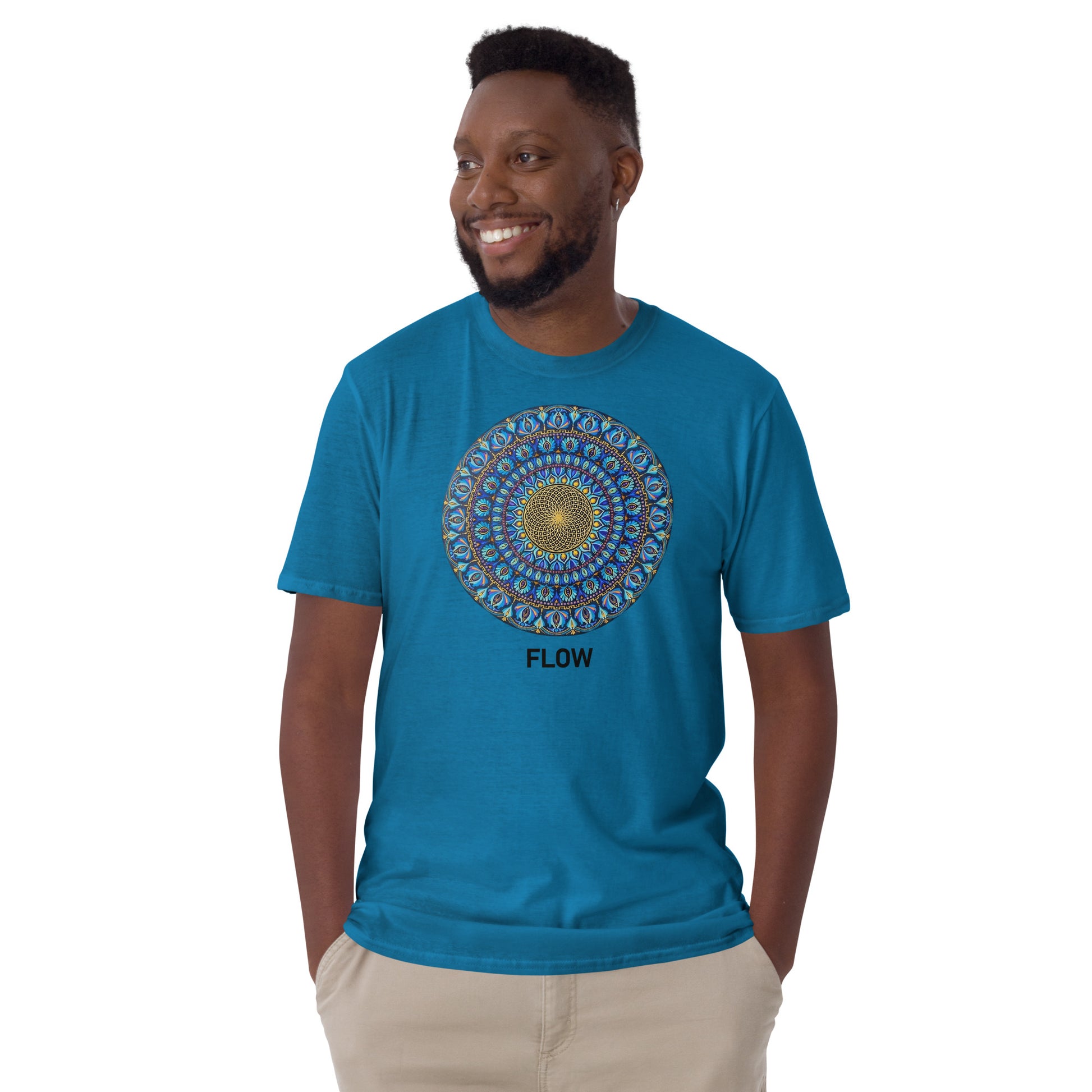 Unisex Softstyle T-Shirt (mandala with golden core | on front | FLOW in black lettering)