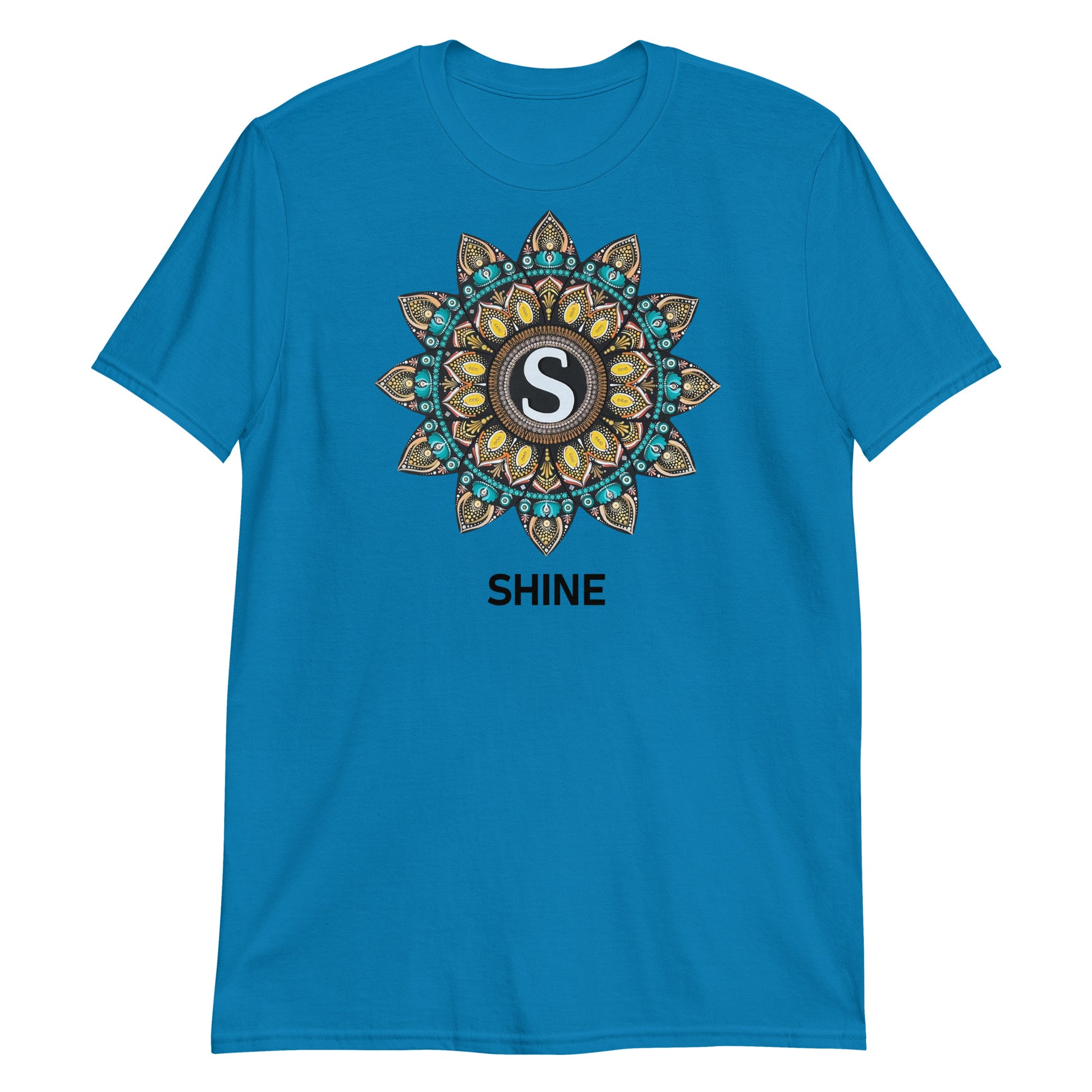 Unisex Softstyle T-Shirt (mandala with "S" in core | on front | SHINE in black lettering)