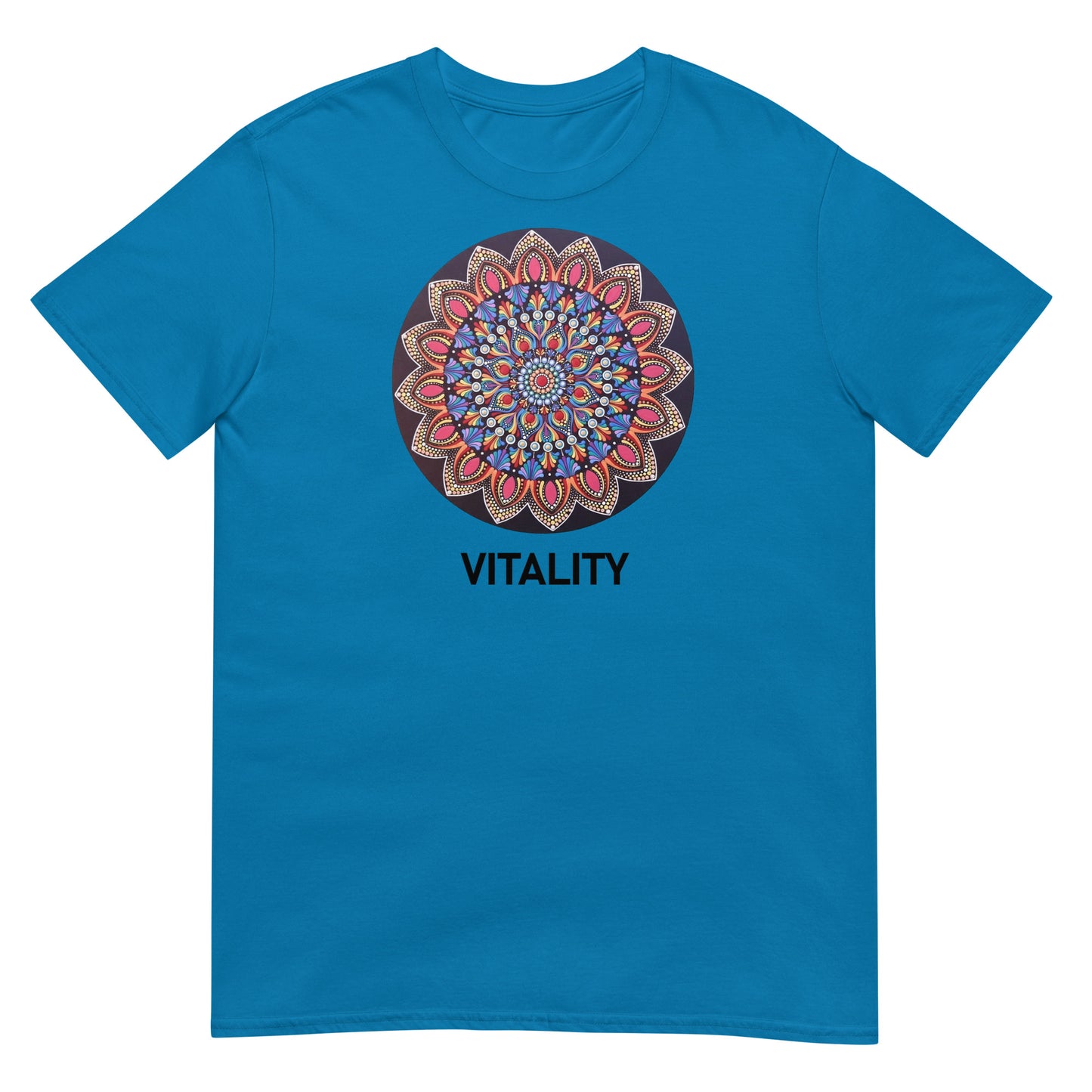 Unisex Softstyle T-Shirt (mandala with pink petals | on front | VITALITY in black lettering)