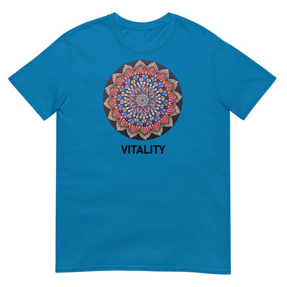 Unisex Softstyle T-Shirt (mandala with pink petals | on front | VITALITY in black lettering)