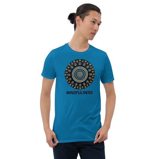 Unisex Softstyle T-Shirt (mandala with blue dots and black back | on front | MINDFULNESS in black lettering)