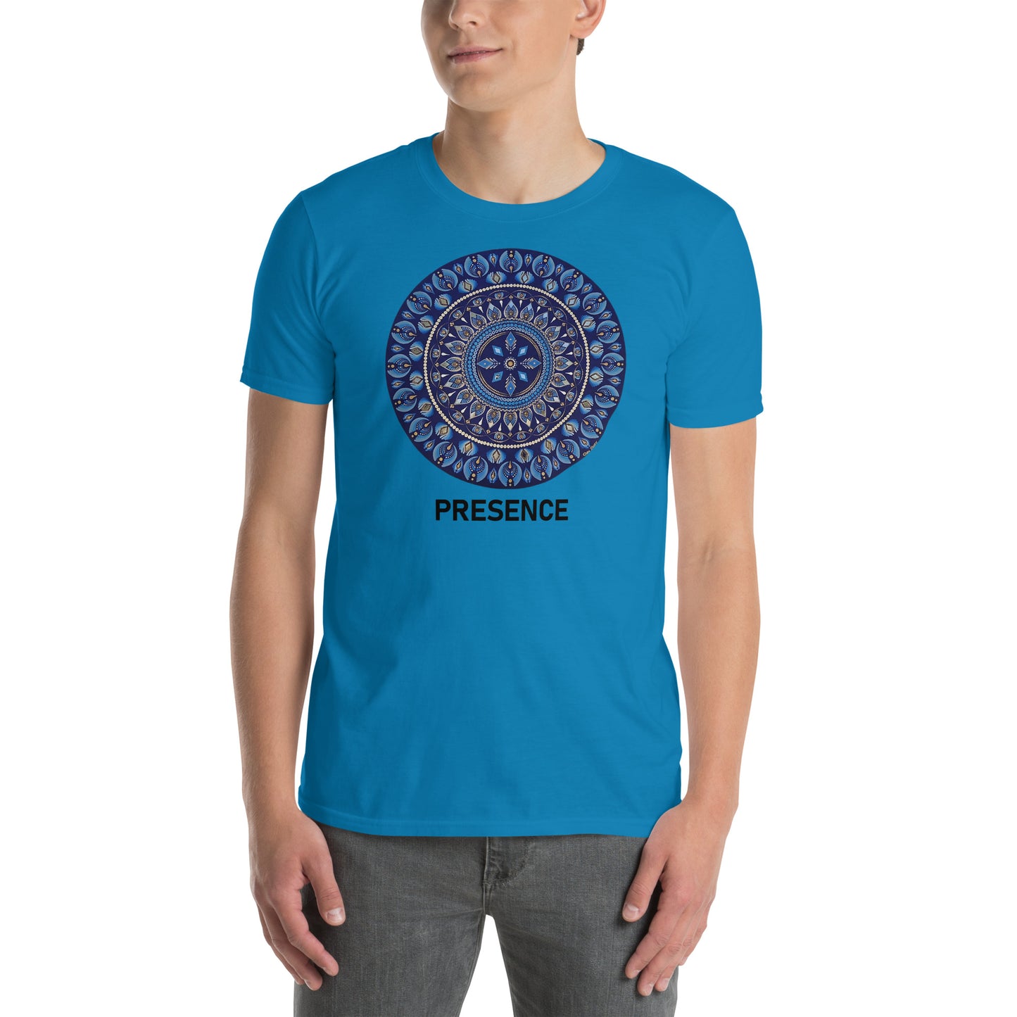 Unisex Softstyle T-Shirt (mandala with 4 diamonds | on front | PRESENCE in black lettering)