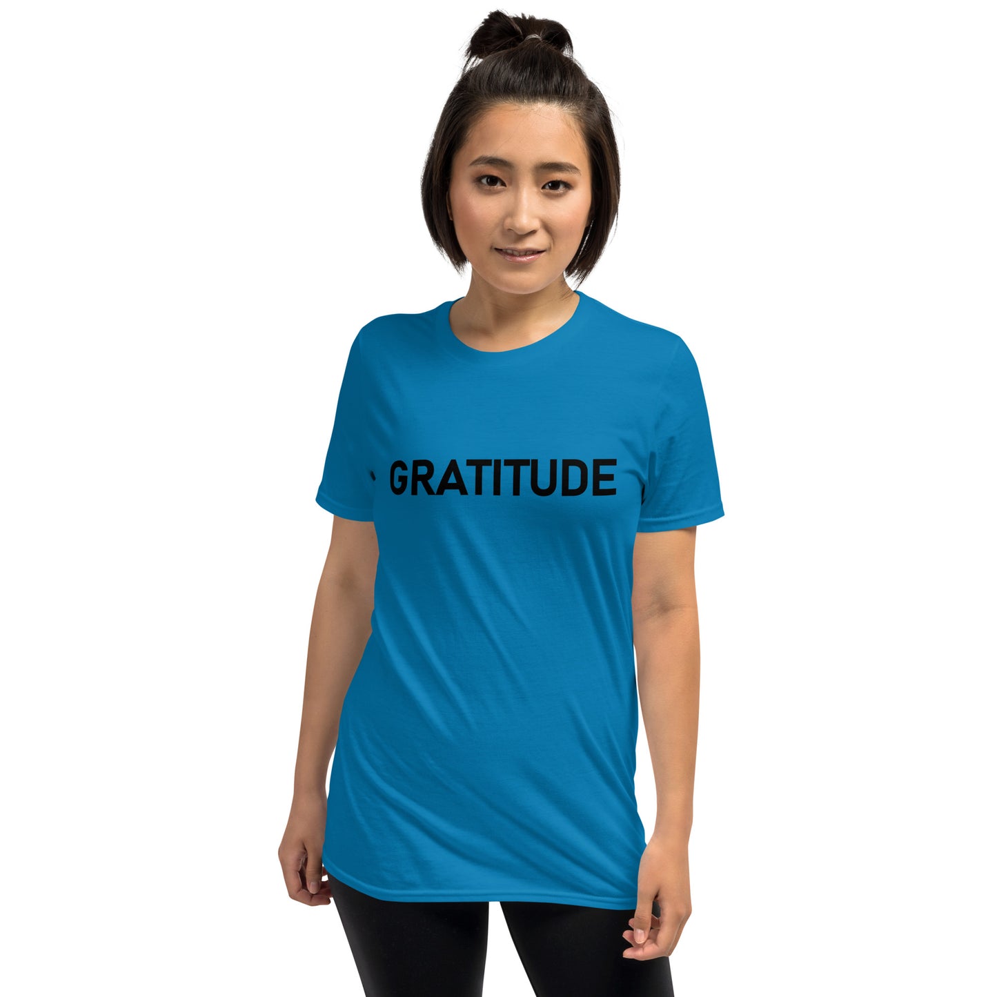 Unisex Softstyle T-Shirt (mandala green and gold rim on back | GRATITUDE in black lettering on front)