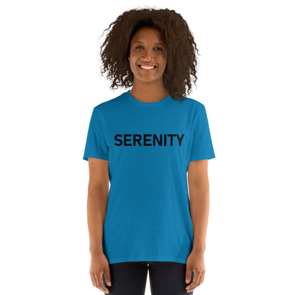Unisex Softstyle T-Shirt (mandala with blue and white core on back | SERENITY in black lettering on front)