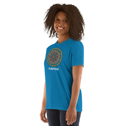 Unisex Softstyle T-Shirt (mandala with red core on front | PURPOSE in white lettering)