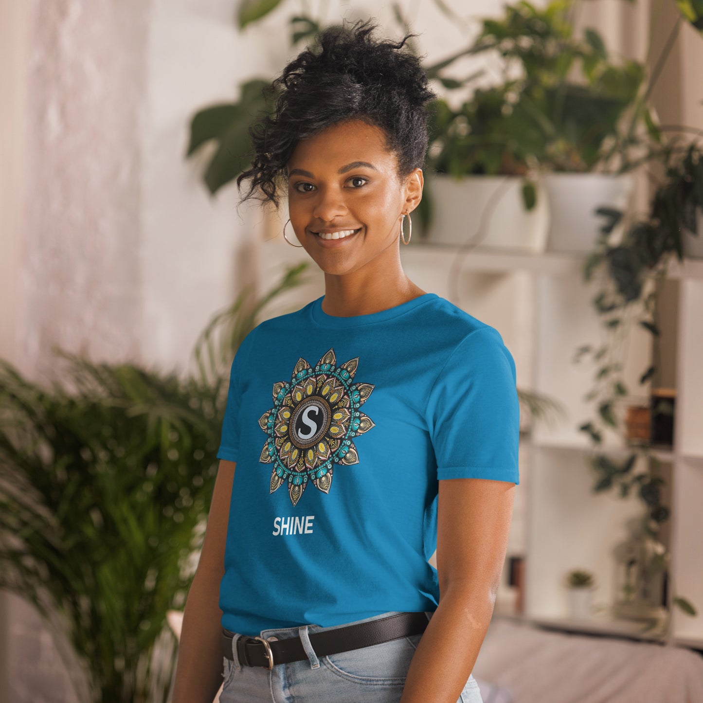 Unisex Softstyle T-Shirt (mandala with S in core | on front | SHINE in white lettering)