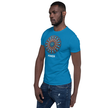 Unisex Softstyle T-Shirt (mandala with red lines | on front | POWER in white lettering)